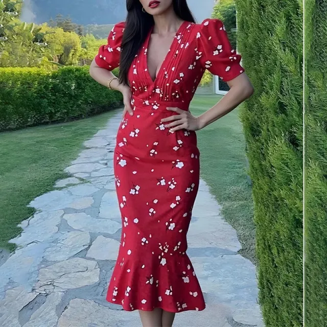 European And American Style Fashionable Casual Versatile V Neck Floral Print Bodycon Waist Cinching Dress Red - Shop at LoveMi