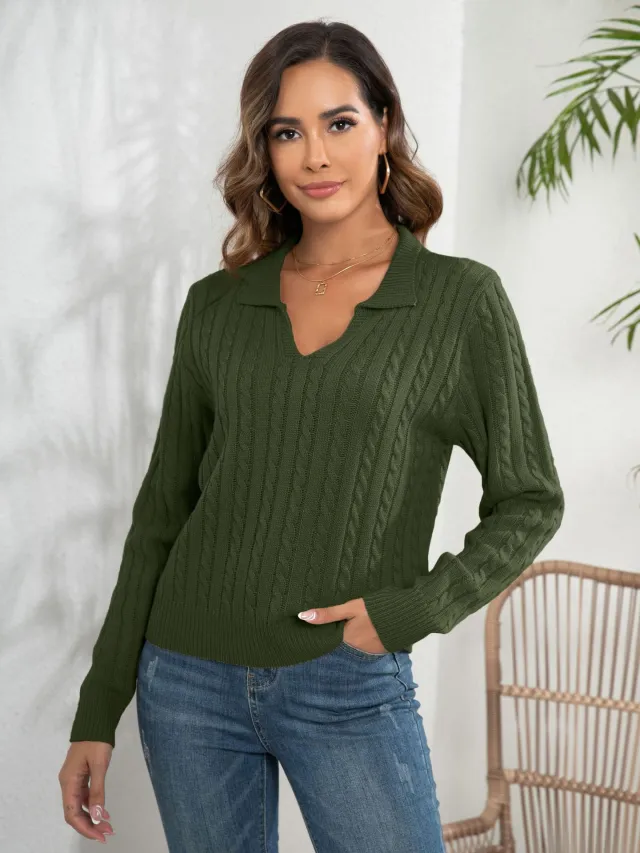Women's Pullover Loose fitting Long Sleeves Lapel Twist Sweater Army Green - Shop at LoveMi