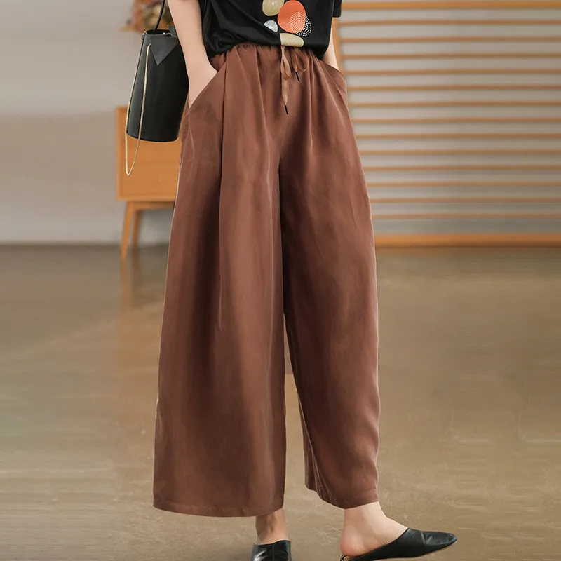 Cuprammonuium Summer New Ice Refreshing Tied Elastic Waist Loose Elegant Casual Pants - Brown