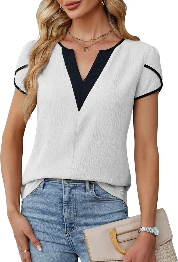Fashionable Color Block V Neck Petal Shape Short Sleeve Blouse For Women White - Shop at LoveMi