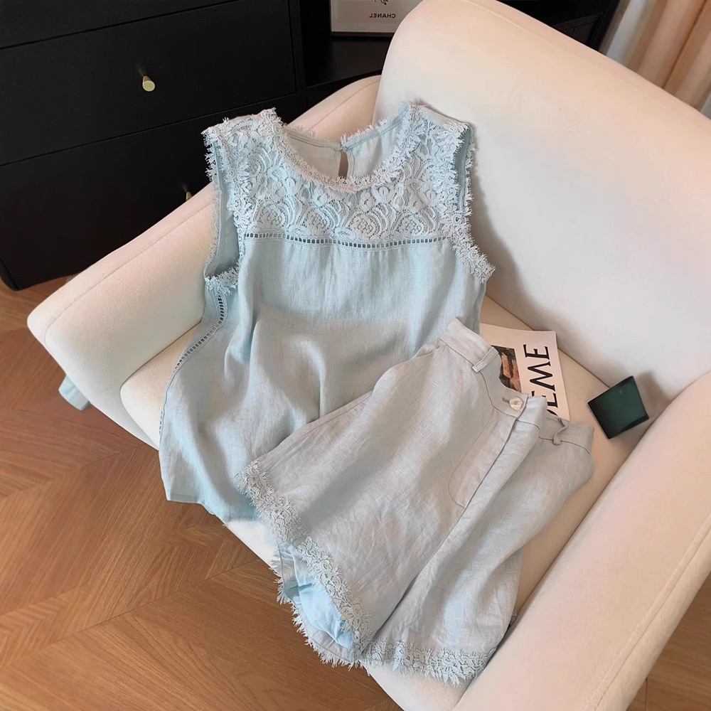 Lace Stitching Sleeveless Cotton And Linen Suit Women