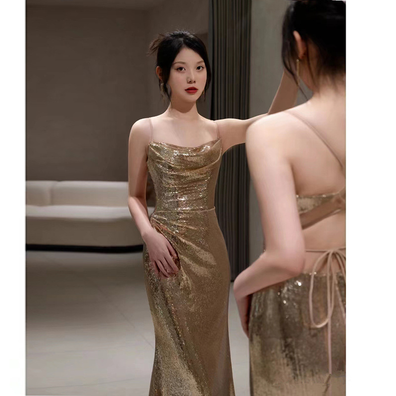 Sequined Suspender High-end Fishtail Skirt Light Luxury Elegant Host's Dress