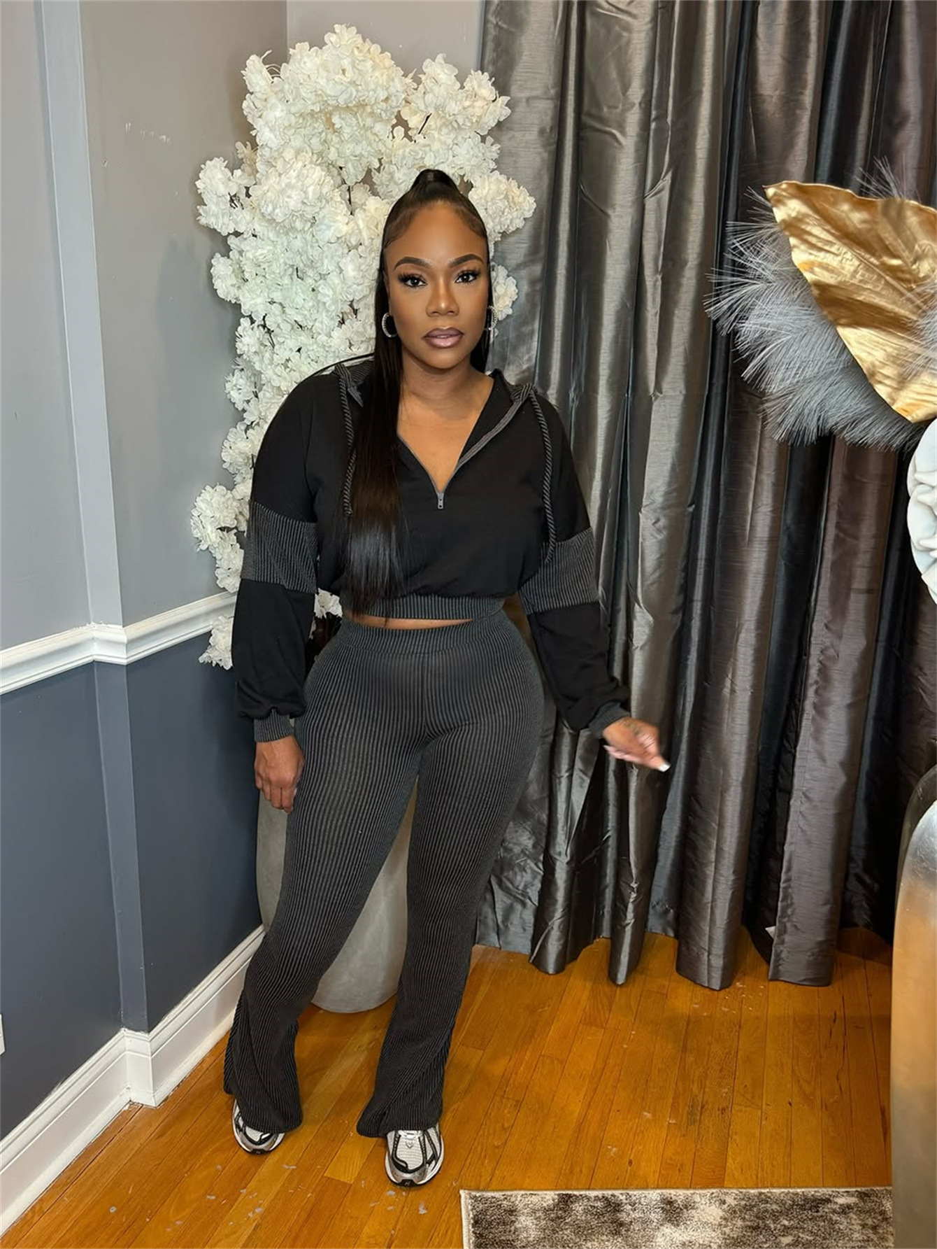 Fashion Sunken Stripe Hooded Suits Slim Fit Patchwork Long Sleeve Top And Trousers Black - Shop at LoveMi