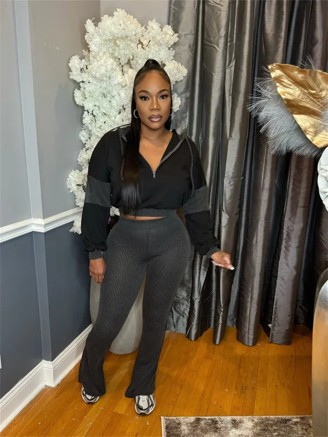 Fashion Sunken Stripe Hooded Suits Slim Fit Patchwork Long Sleeve Top And Trousers Black - Shop at LoveMi