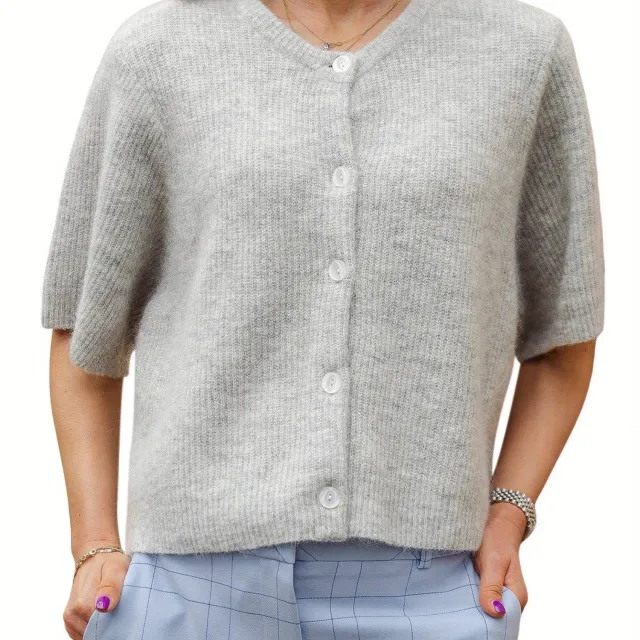Women's Solid Color Short sleeved Cardigan Round Neck Button Grey - Shop at LoveMi