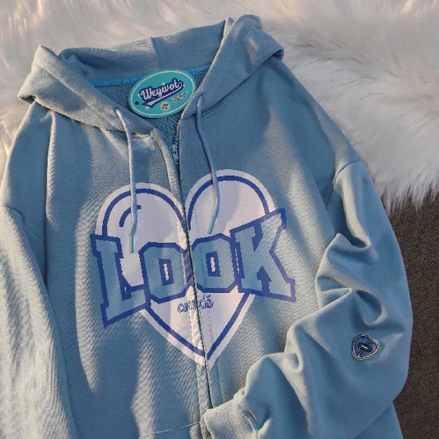 Polyester Fiber Hooded Sweater Students Korean Style Loose Design Couple Coat Blue - Shop at LoveMi