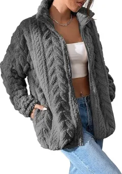 Solid Colour Casual Zipper Cardigan Stand Collar Polar Fleece Jacket - Grey - View 1