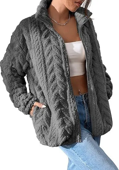 Solid Color Casual Zipper Cardigan Stand Collar Polar Fleece Jacket Gray - Shop at LoveMi