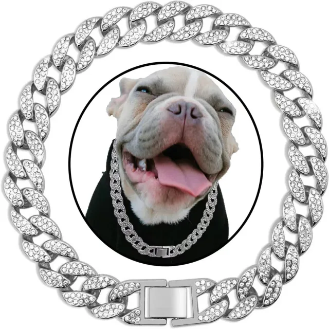 Pet Dog Collar Necklace With Diamonds Cuban Link Chain Silver - Shop at LoveMi