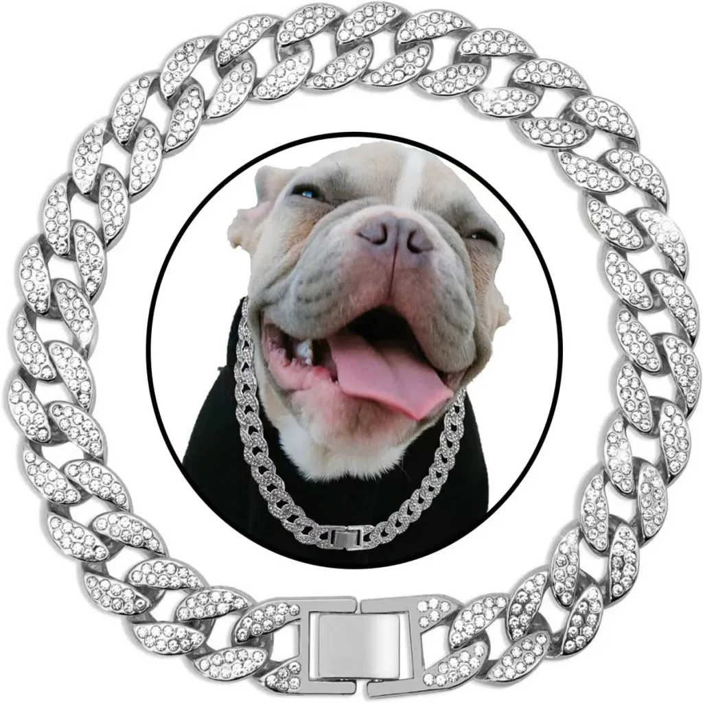 Pet Dog Collar Necklace With Diamonds Cuban Link Chain - Silver