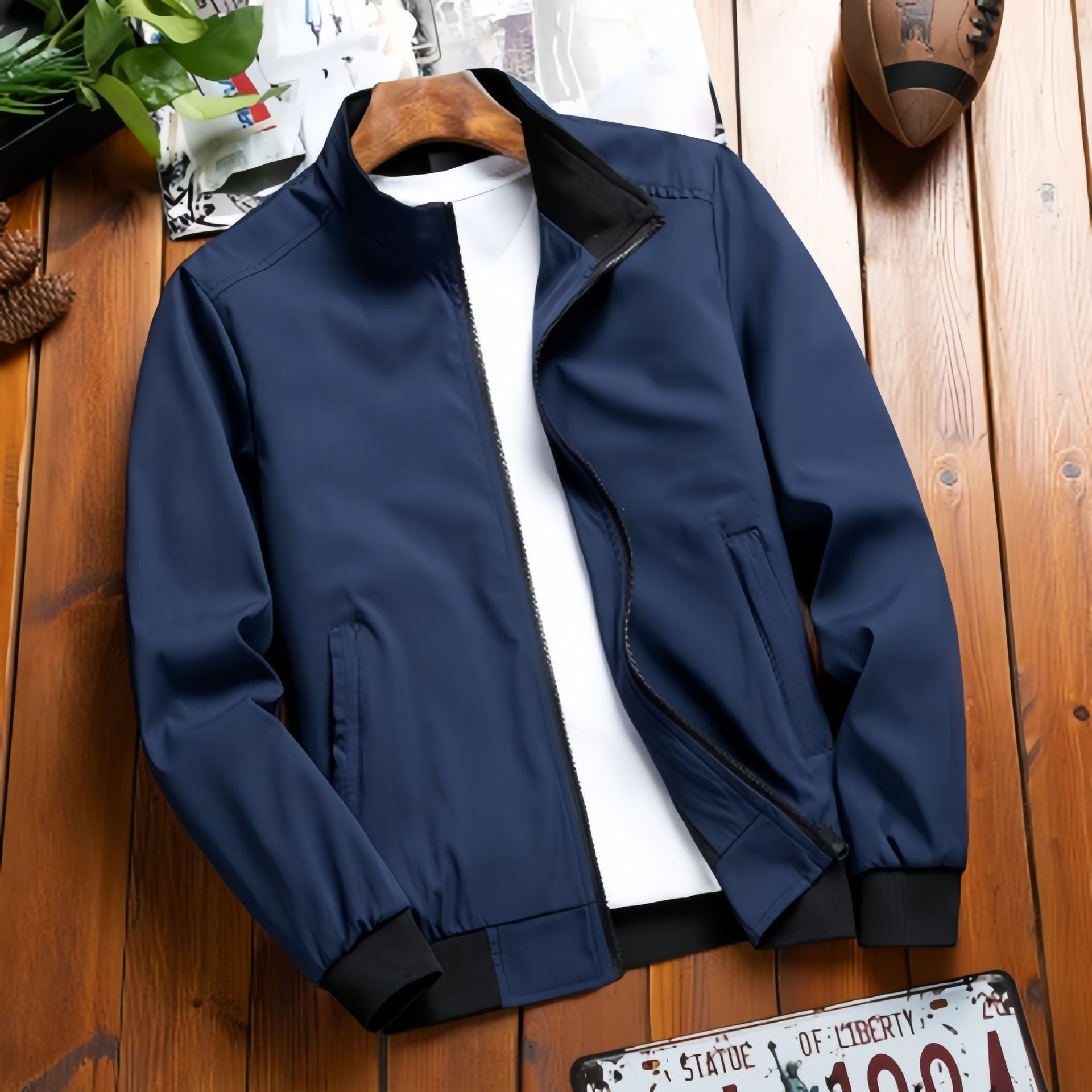Fashionable Casual Stand Collar Solid Color Mens Jacket
