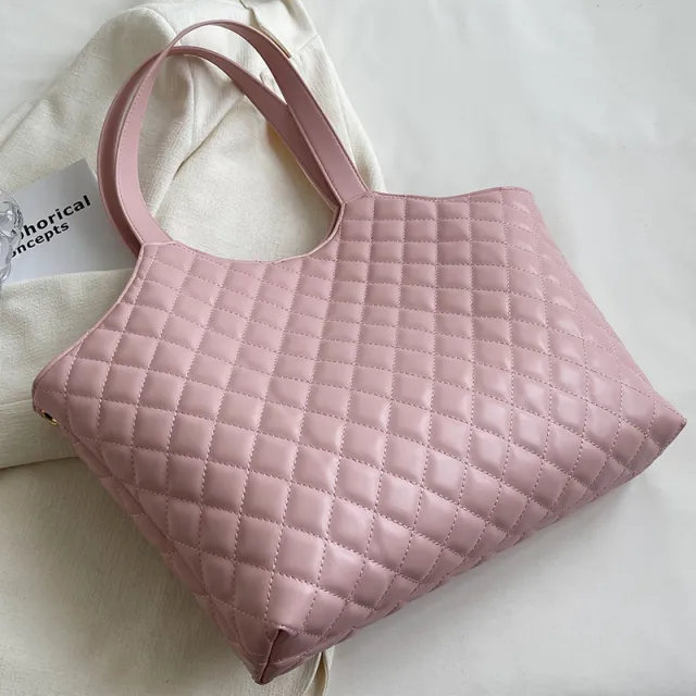 Fashion Large Capacity Tote Bag Female Diamond Plaid Trend Chain Crossbody Bag Pink - Shop at LoveMi