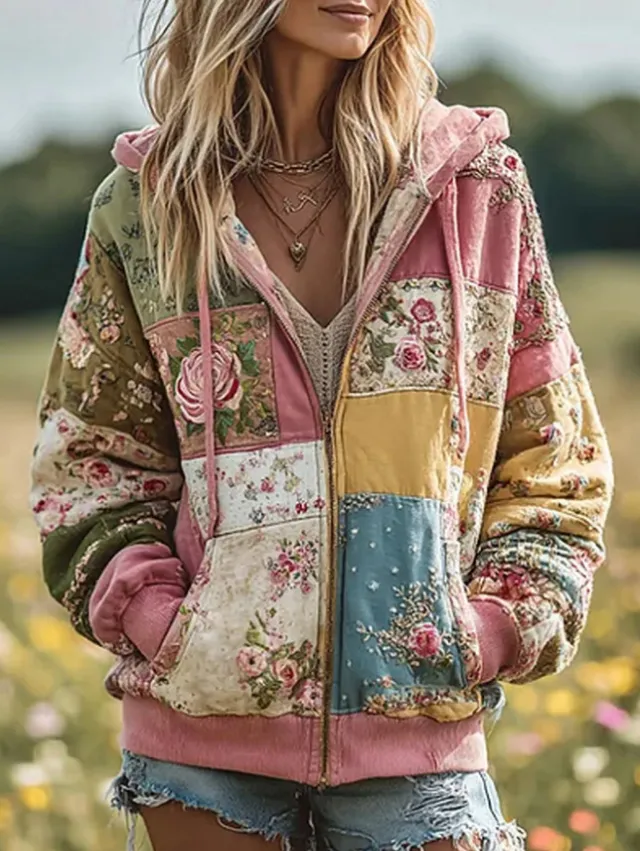 Loose Women's Casual Floral Print Hoodies Pink - Shop at LoveMi