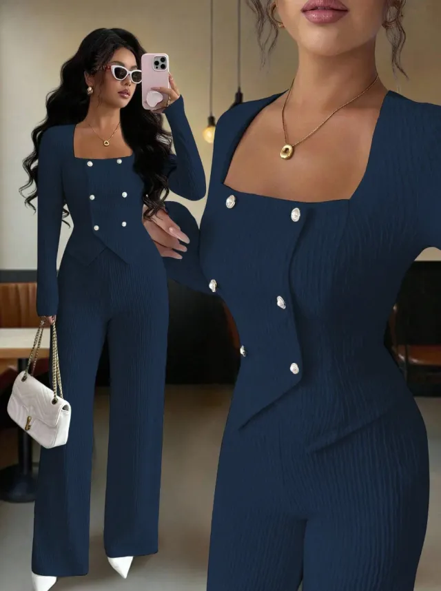 Stylish Versatile Solid color Top And Cardigan With Matching Pants Set Blue - Shop at LoveMi