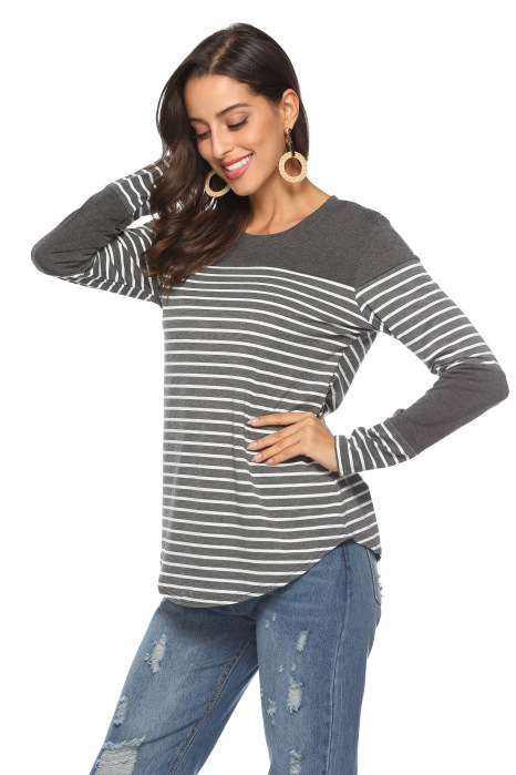 Title 21, Casual striped stitching long-sleeved loose T-s...