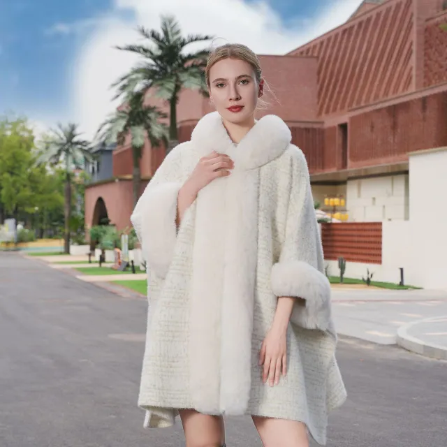 Warm Fur Collar Cardigan Mid length Loose Thick Coat Dress And Cheongsam All match Hooded Fur Shawl White - Shop at LoveMi