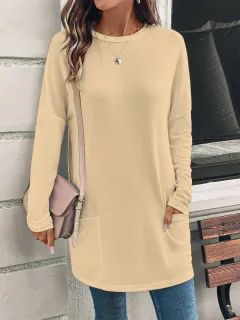 Women's Solid Color Long Sleeve Loose Round Neck Pocket Top T-shirt - Khaki - View 1