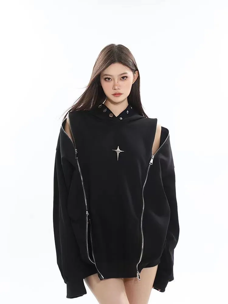 New Niche Shoulder Zipper Hooded Sweater Women's American Retro - Black
