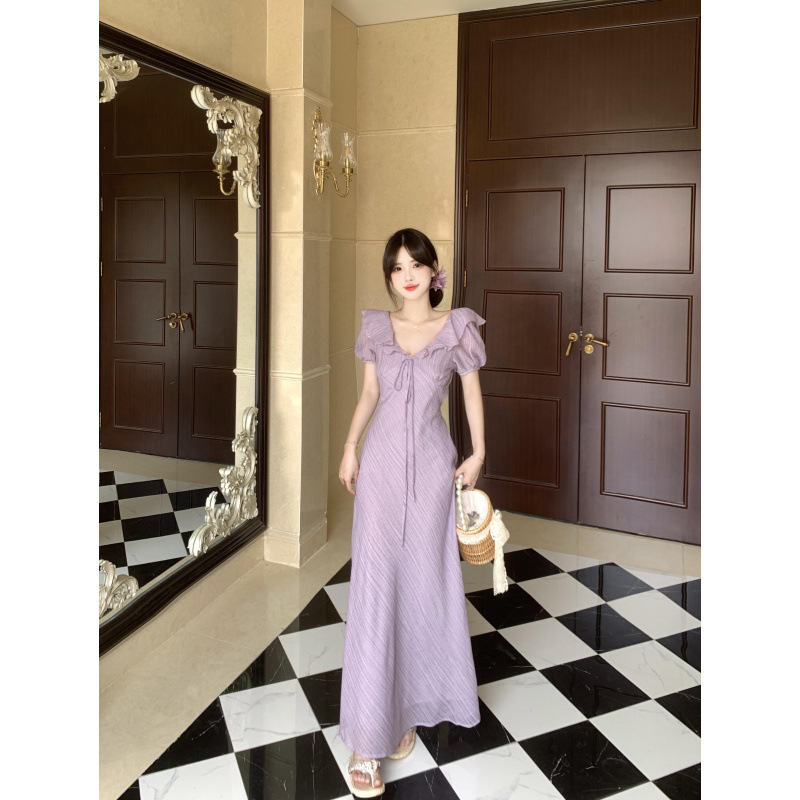 Gentle Ruffled V-neck Puff Sleeve Dress