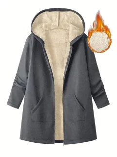 Women's Solid Color Fleece Lined Mid Length Hooded Coat - Dark Gray - View 1
