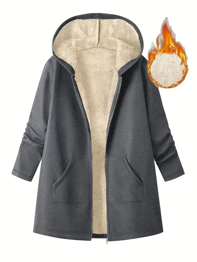 Women's Solid Color Fleece Lined Mid Length Hooded Coat Gray - Shop at LoveMi