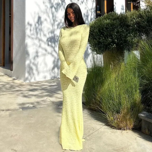 Backless Solid Color Flared Long Sleeve Round neck Long Dress Yellow - Shop at LoveMi