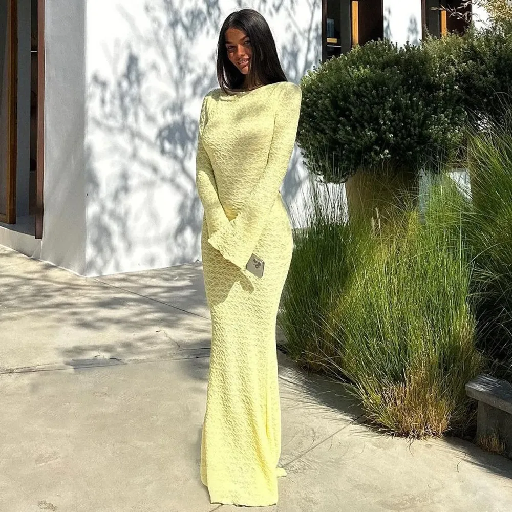 Backless Solid Color Flared Long Sleeve Round-neck Long Dress - Yellow