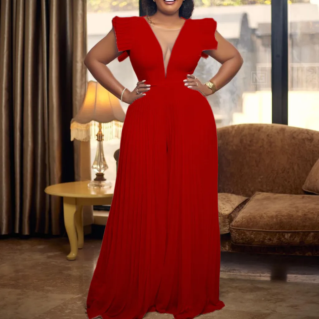 Solid Color High Waist Wide Leg Jumpsuit - Red