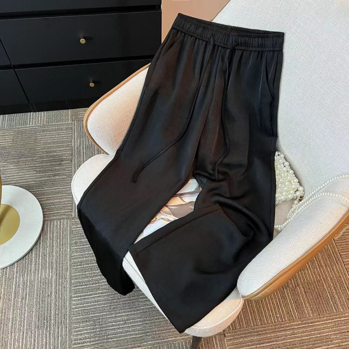 Ice Silk Chinese-style Satin Wide-leg Jacquard Pants Womens Trousers