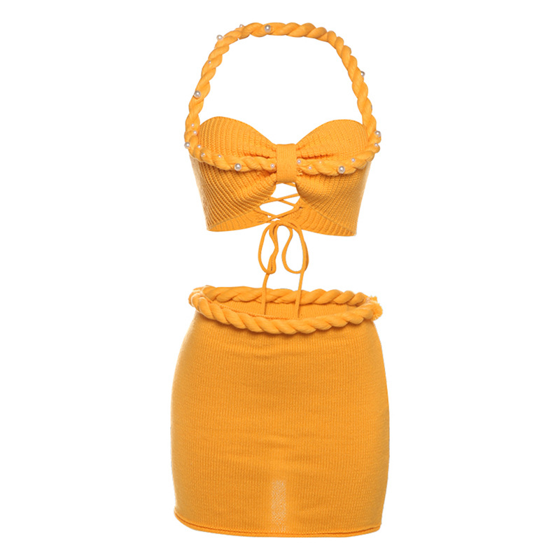 Sexy Halter Lace up Beaded Camisole Knitted Slim Fit Skirt Suit Yellow - Shop at LoveMi