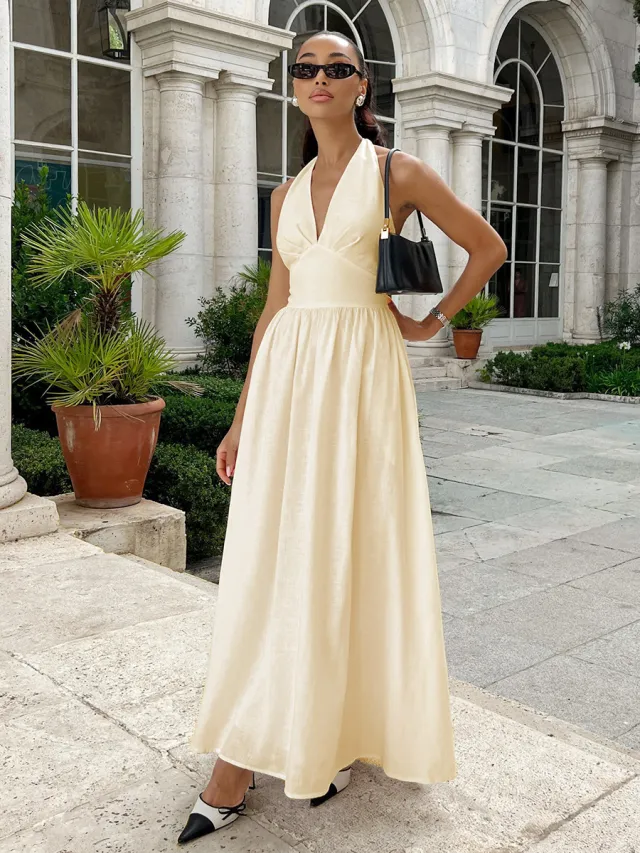 Halter Lace up Backless Long Dress Apricot - Shop at LoveMi