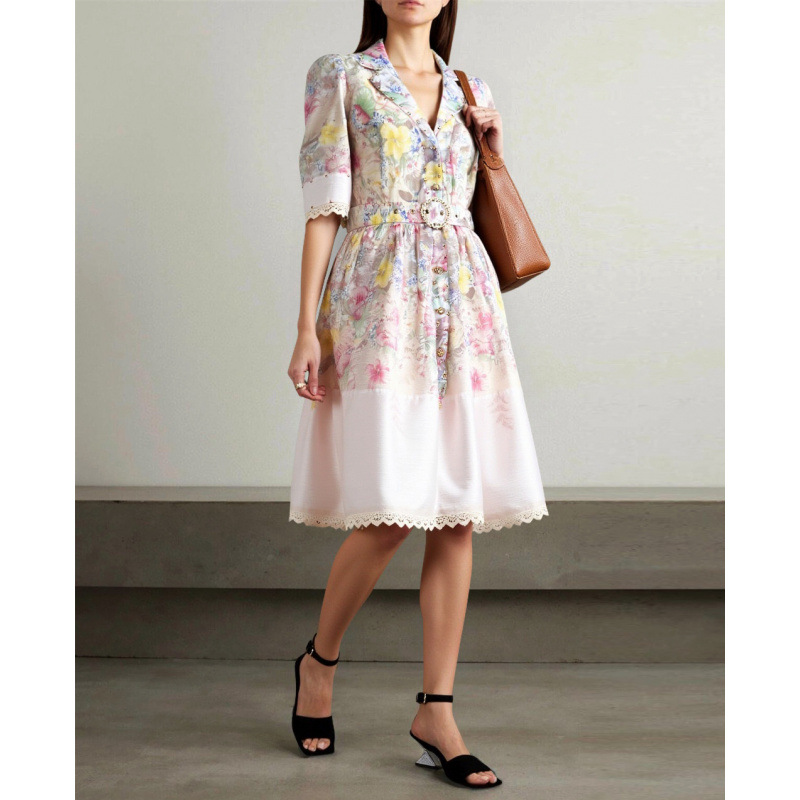 Vintage Printed Heavy Industry Beads Lace Stitching Dress Short And Belt