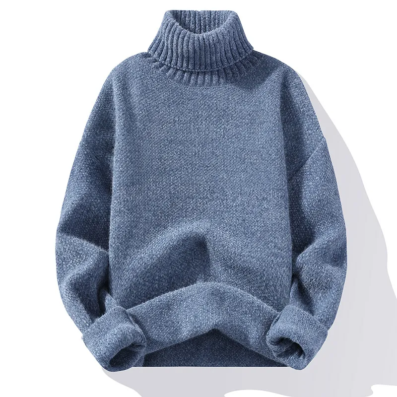 Autumn And Winter Thickened Mink-like Wool Korean Style Trendy Solid Colour Casual Turtleneck Knitwear Sweater - Blue