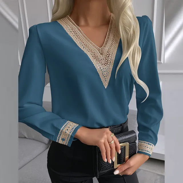 Womens Long sleeve Shirt With Lace Trim Blue - Shop at LoveMi
