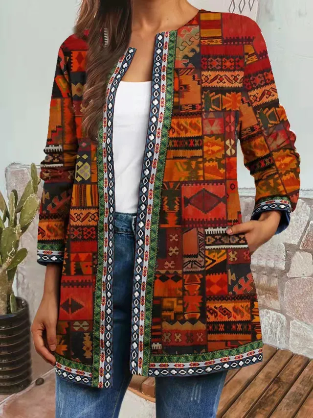 Plus size Retro Ethnic style Printed Coat Jacket Cardigan For Women Figure 60 3Xl - Shop at LoveMi