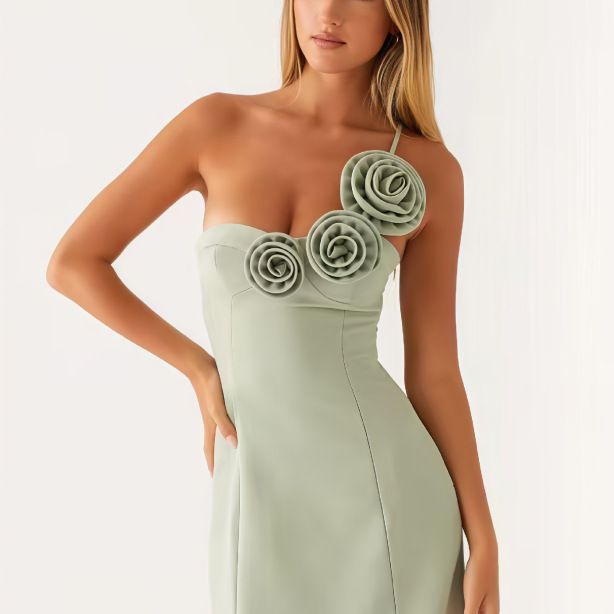 One-Shoulder Dress With Three-Dimensional Floral Embellishments