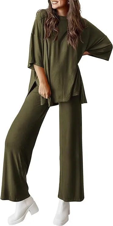 Casual Short sleeved Pullover Top Wide leg Pants Casual Suit Army Green - Shop at LoveMi