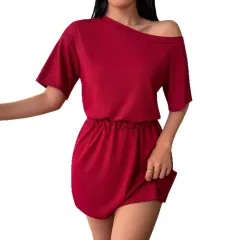 Short Sleeve Off-shoulder Loose High-end Autumn Winter Dress - Wine Red - View 1