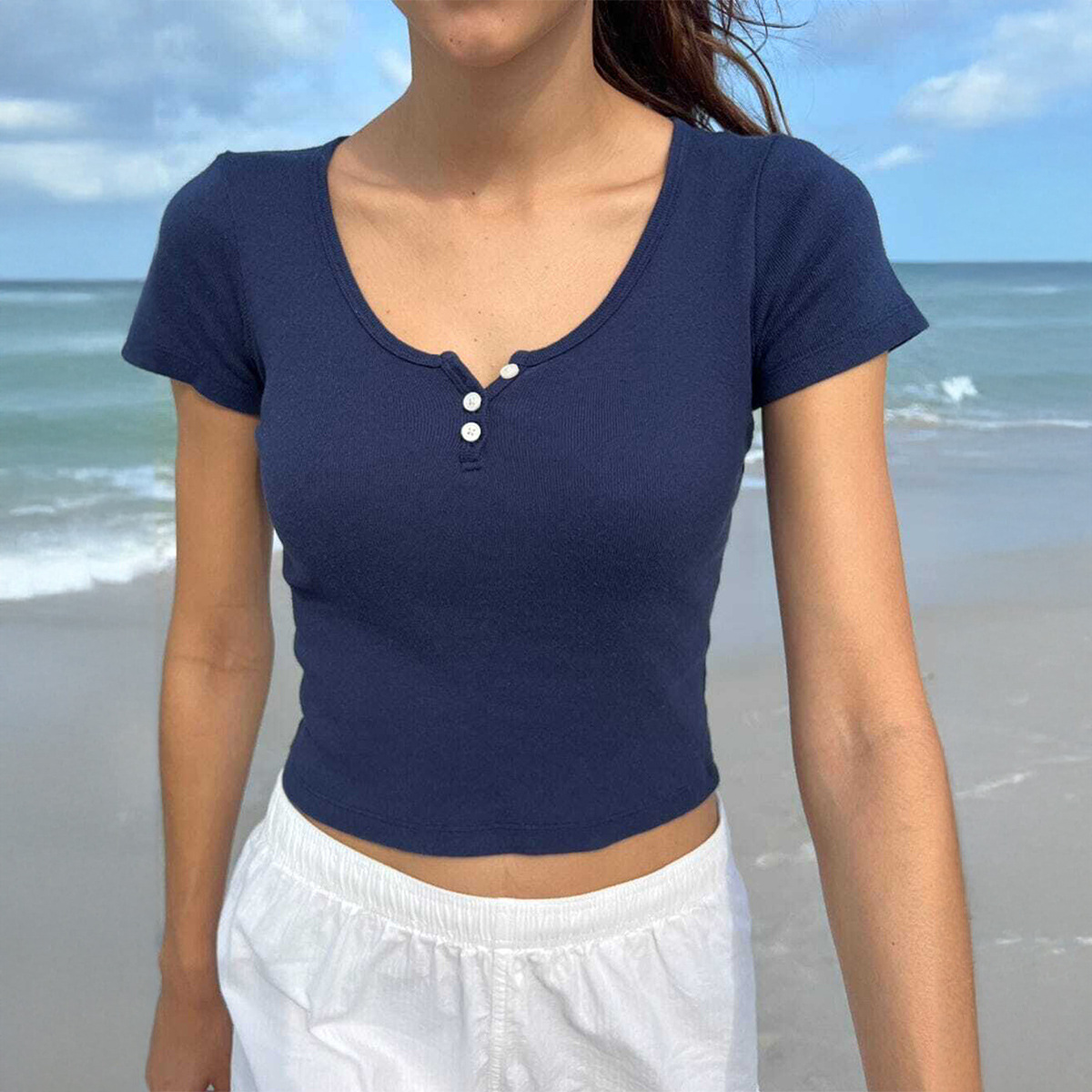 Y2g Waist tight Thread Collar Decorated With Buttons Short sleeved Top T shirt Blue - Shop at LoveMi