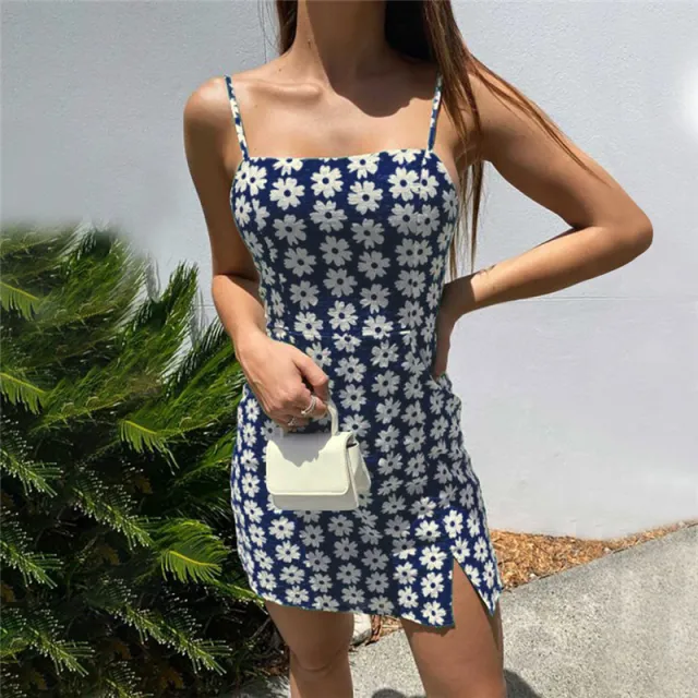 Beach Mini Skirt Printed Backless Sling Slim Fit Dress Dark Blue - Shop at LoveMi