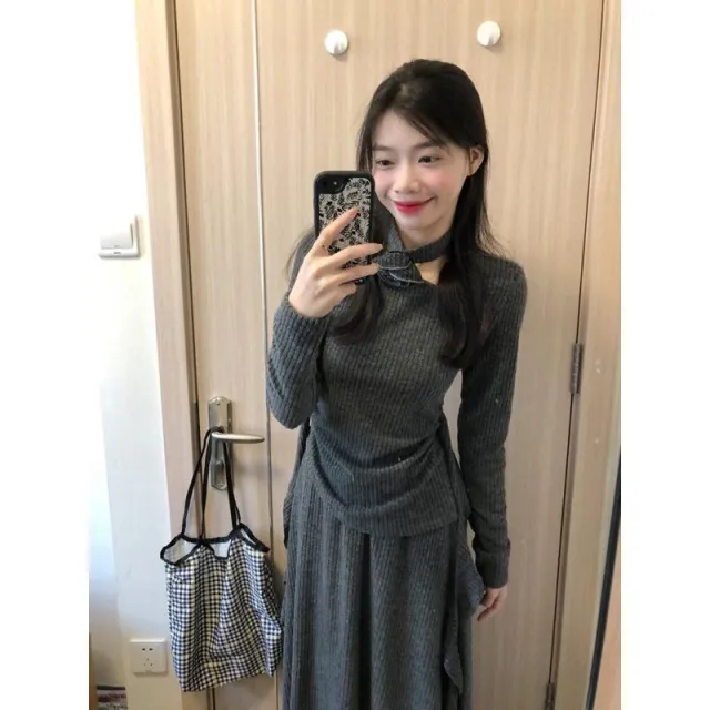 Lady's High end Irregular Knit Top And Skirt Set Gray - Shop at LoveMi