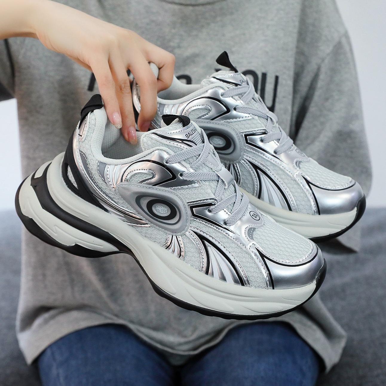 Trendy Chunky-soled Silver Dad Shoes product image