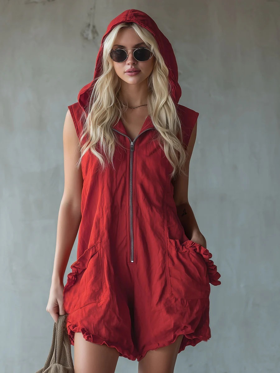 Women's Hooded Zip-Up Cropped Jumpsuit in Yellow – retro sleeveless cotton linen artistic