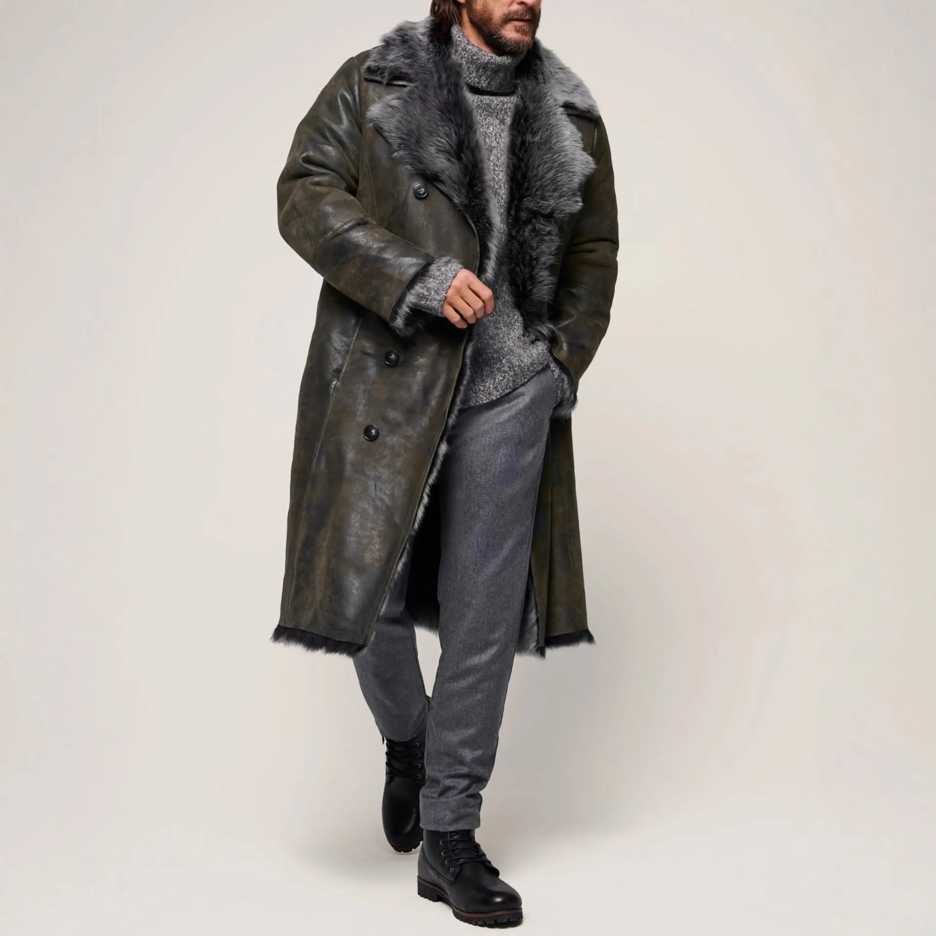 Double-breasted Wide Lapel Long-haired Men's Long Fur