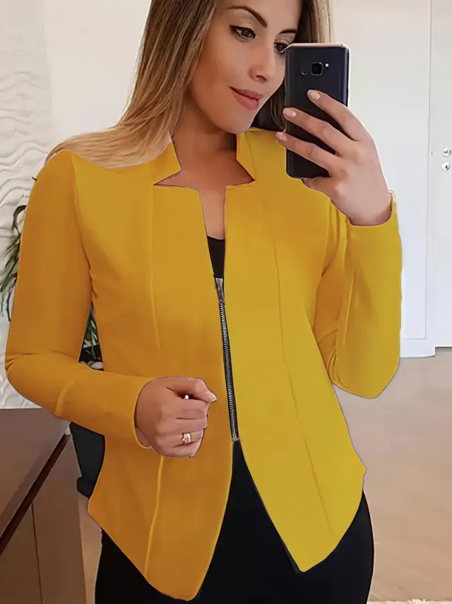 Women's Solid Color Top Zipper Jacket Small Suit Yellow - Shop at LoveMi