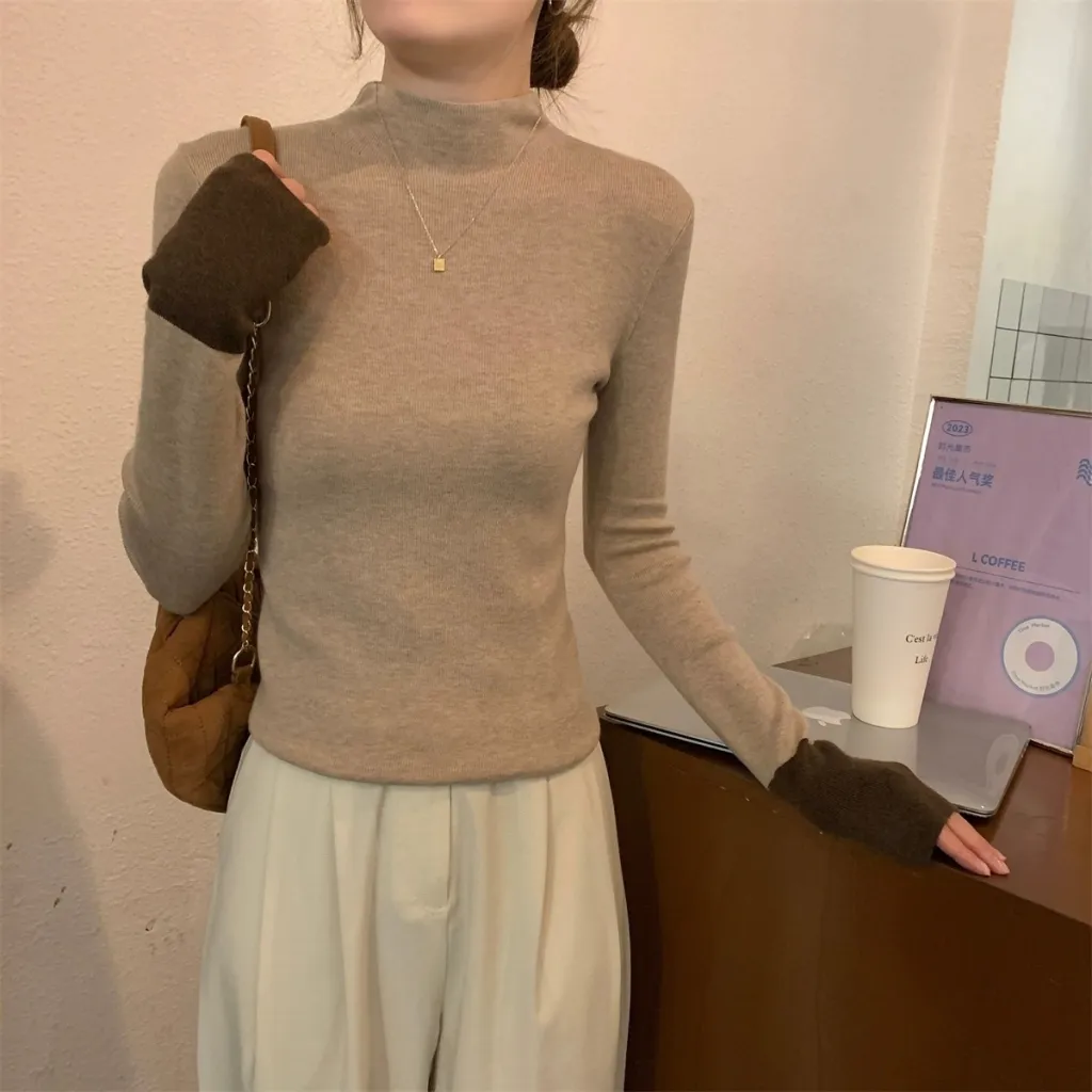 Slim Fit Western Style Slimming Bottoming Shirt Inner Wear Blouse - Khaki