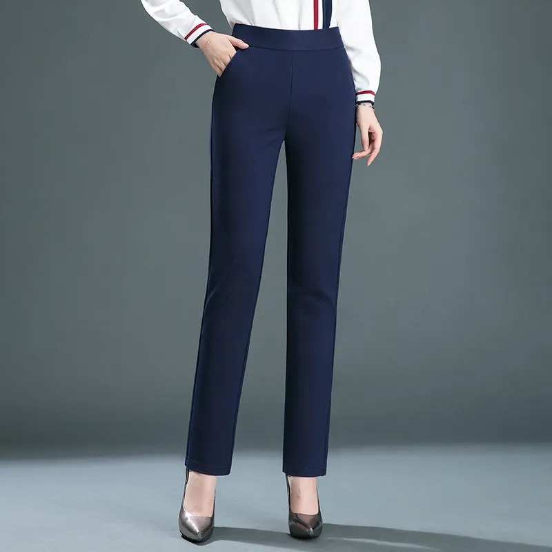 Straight Elastic High Waist Slimming Pants - Navy Blue