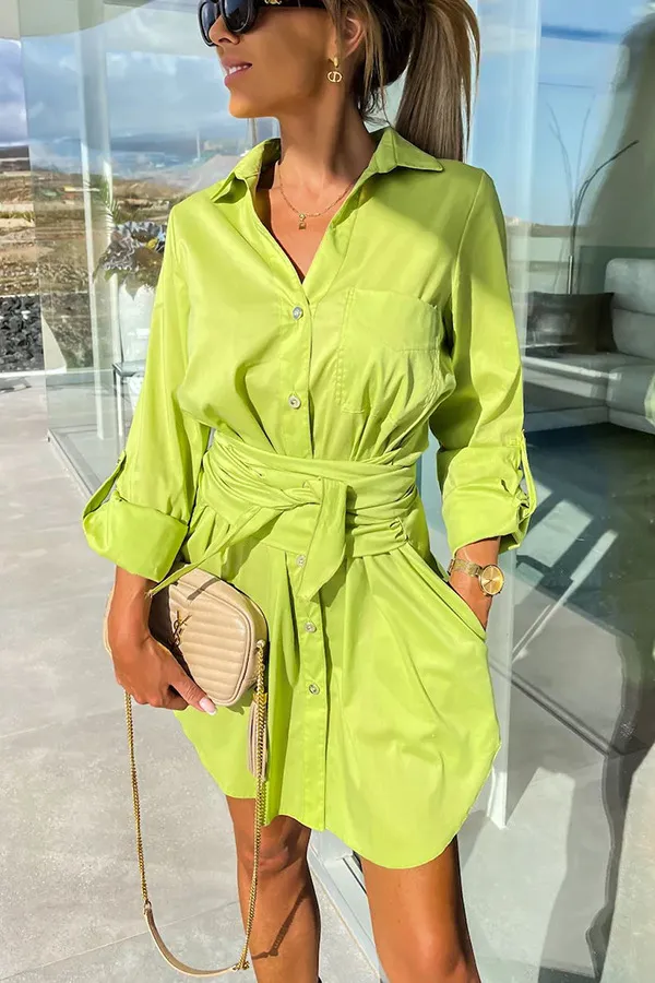 Multi Color Rolled Sleeves Shirt Dress Women Fluorescent Green - Shop at LoveMi
