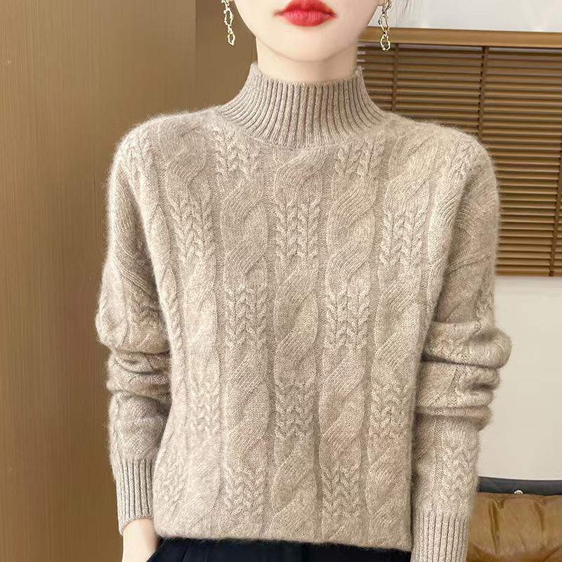Female Solid Color Thickened Jacquard Turtleneck Wool Sweater