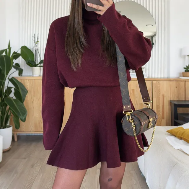 Casual Vacation Style Sweater Long Sleeve Skirt Dress Women's Clothing Red - Shop at LoveMi